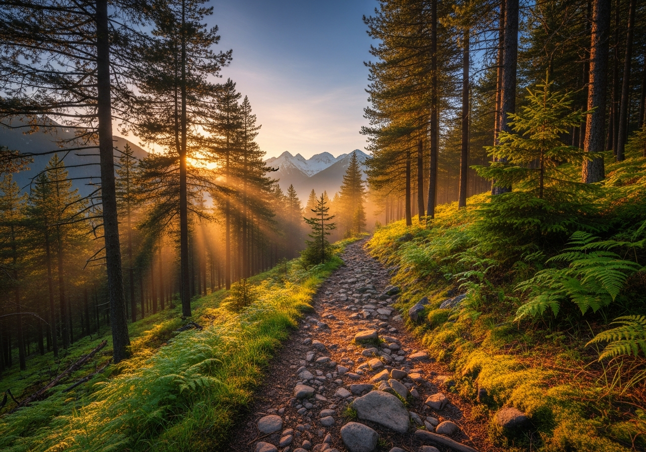 Sunrise on a forest hiking trail